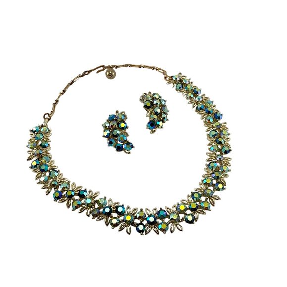 Vintage Aurora Borealis Rhinestone Necklace & Earrings Set Gold Tone Floral Clus - Picture 14 of 14
